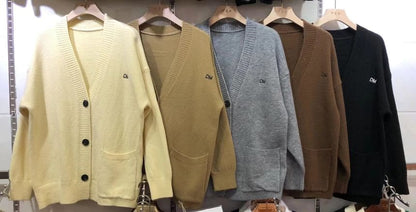 Embroidered Cardigan Letter Button-Up V-Neck