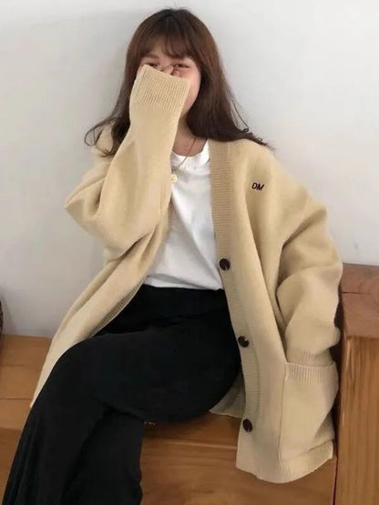 Embroidered Cardigan Letter Button-Up V-Neck