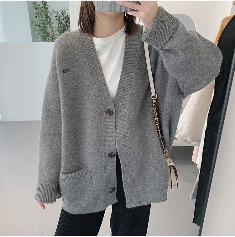 Embroidered Cardigan Letter Button-Up V-Neck