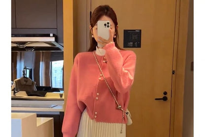 Cardigan Faux Plain Pearl Buttoned