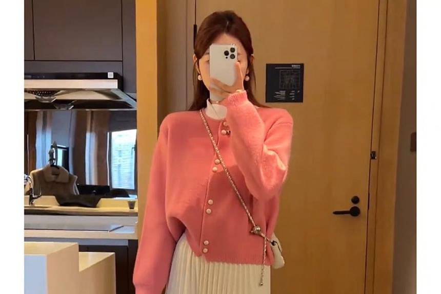 Cardigan Faux Plain Pearl Buttoned