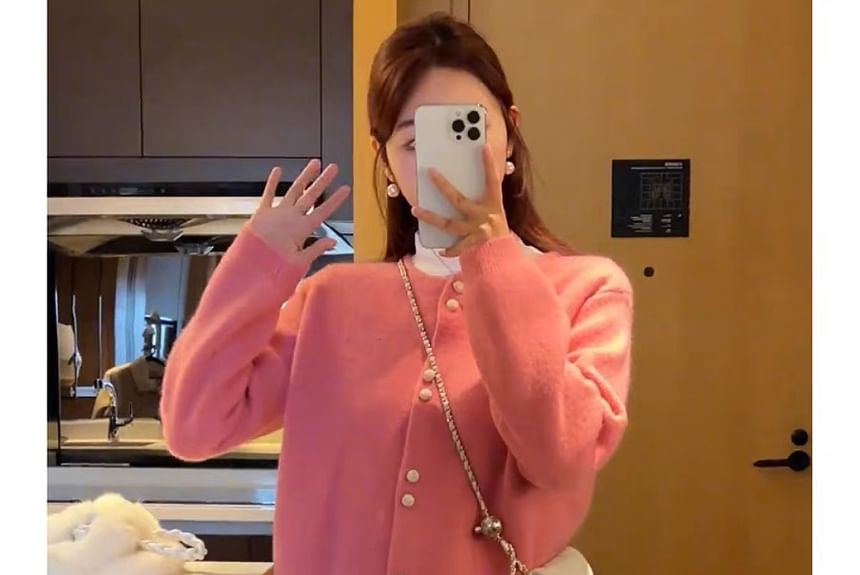 Cardigan Faux Plain Pearl Buttoned