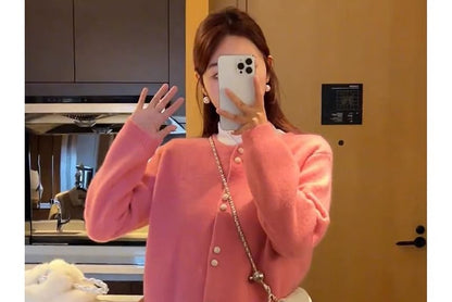 Cardigan Faux Plain Pearl Buttoned