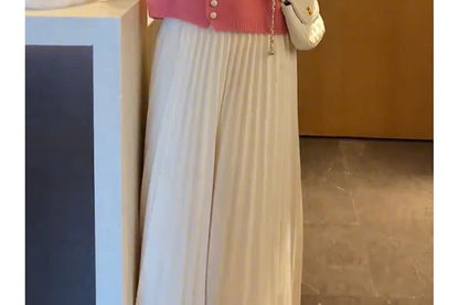 Cardigan Faux Plain Pearl Buttoned