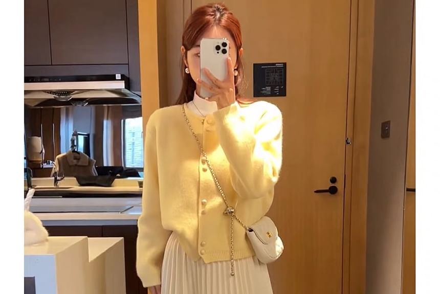 Cardigan Faux Plain Pearl Buttoned