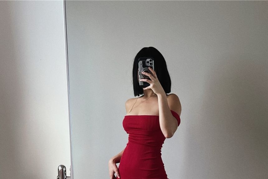 Shoulder Midi Plain Dress Sheath Off