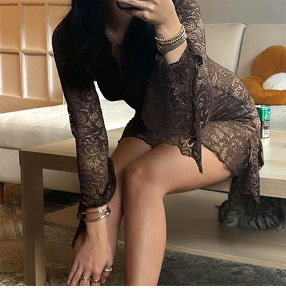 Long-Sleeve V-Neck Lace Mini Bodycon Dress