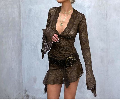 Long-Sleeve V-Neck Lace Mini Bodycon Dress