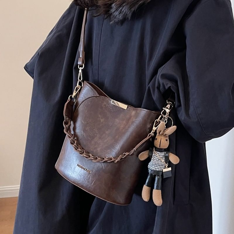 Set: Faux Leather Bucket Bag + Bag Charm