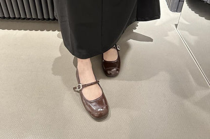 Plain Buckled Faux Leather Mary Jane Flats