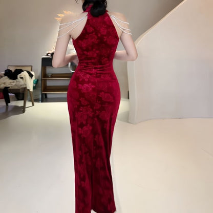 Halter Neck Stand Collar Floral Jacquard Cutout Slit Velvet Midi Sheath Qipao / Faux Pearl Layered Chain / Set