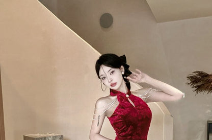 Halter Neck Stand Collar Floral Jacquard Cutout Slit Velvet Midi Sheath Qipao / Faux Pearl Layered Chain / Set