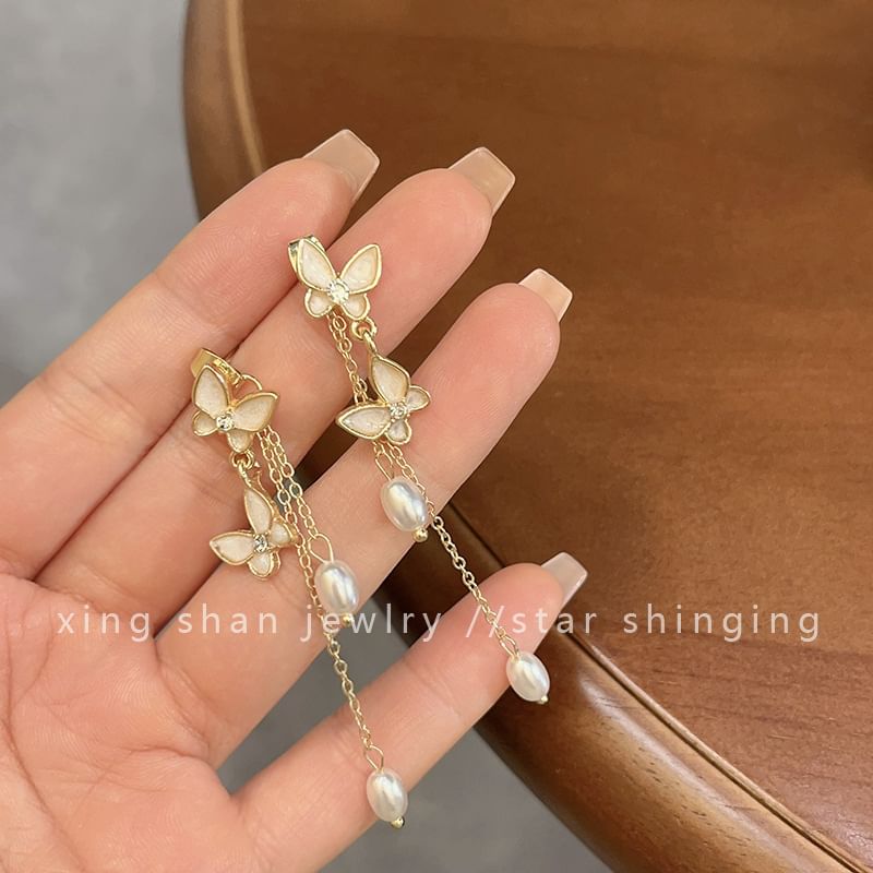 Pearl Drop Earring / Butterfly On Faux Clip