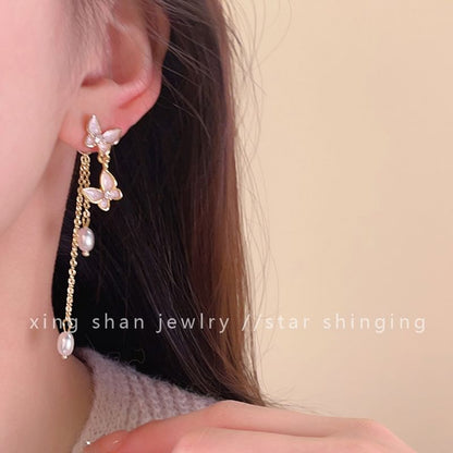 Pearl Drop Earring / Butterfly On Faux Clip