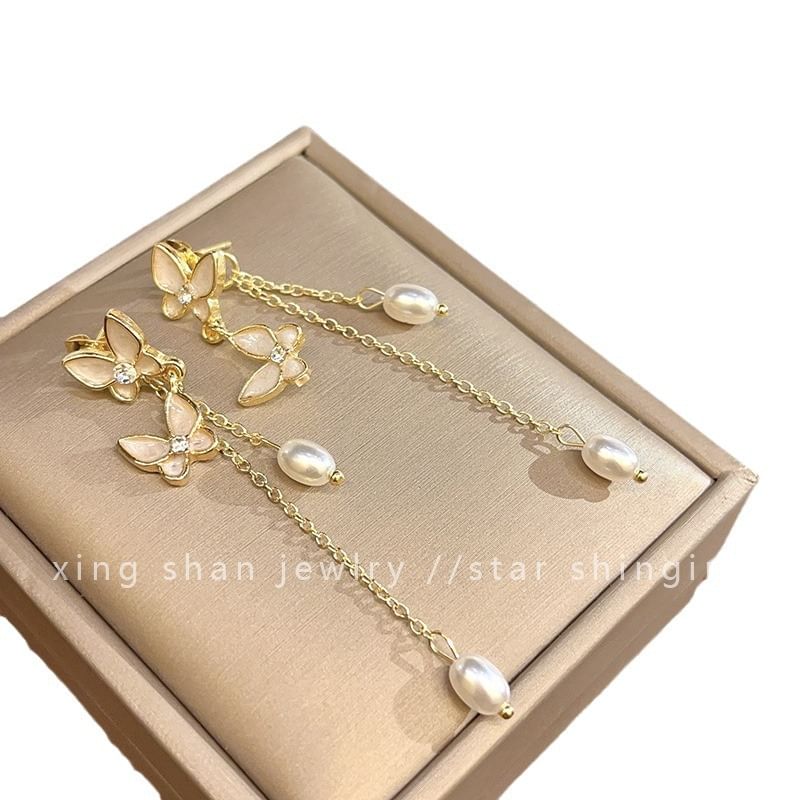 Pearl Drop Earring / Butterfly On Faux Clip