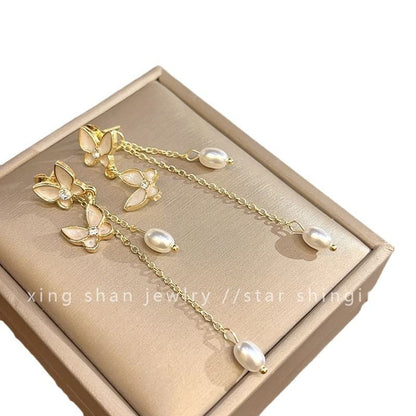 Pearl Drop Earring / Butterfly On Faux Clip
