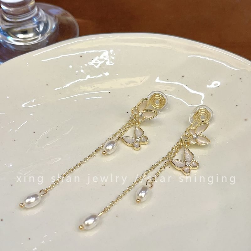 Pearl Drop Earring / Butterfly On Faux Clip