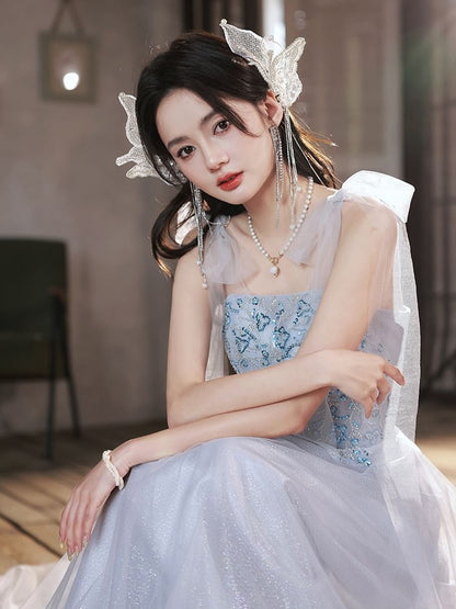 Sequin Shoulder Tie Evening Mesh Gown Patterned A-Line