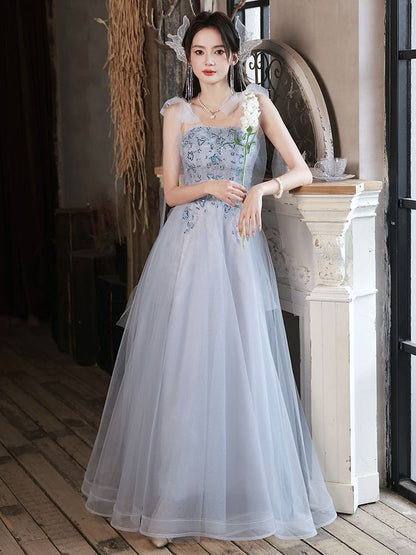 Sequin Shoulder Tie Evening Mesh Gown Patterned A-Line