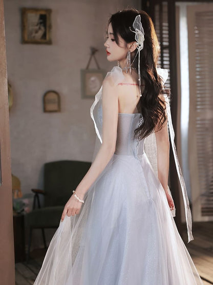 Sequin Shoulder Tie Evening Mesh Gown Patterned A-Line