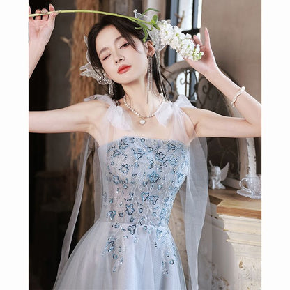 Sequin Shoulder Tie Evening Mesh Gown Patterned A-Line