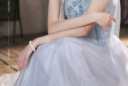 Sequin Shoulder Tie Evening Mesh Gown Patterned A-Line