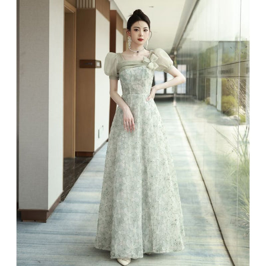 Puff Sleeve Square Neck Floral Patterned Panel Mesh A-Line Evening Gown