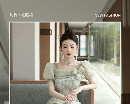 A-Line Sleeve Gown Puff Square Neck Mesh Evening Floral Panel Patterned