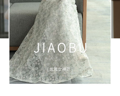 A-Line Sleeve Gown Puff Square Neck Mesh Evening Floral Panel Patterned