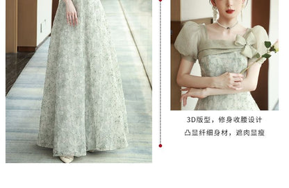A-Line Sleeve Gown Puff Square Neck Mesh Evening Floral Panel Patterned