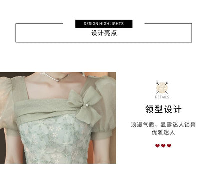 A-Line Sleeve Gown Puff Square Neck Mesh Evening Floral Panel Patterned