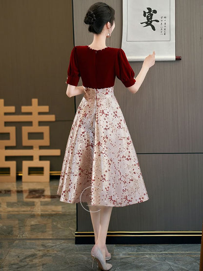 Short-Sleeve Square Neck Faux Pearl Button Velvet Panel Jacquard Midi A-Line Cocktail Dress