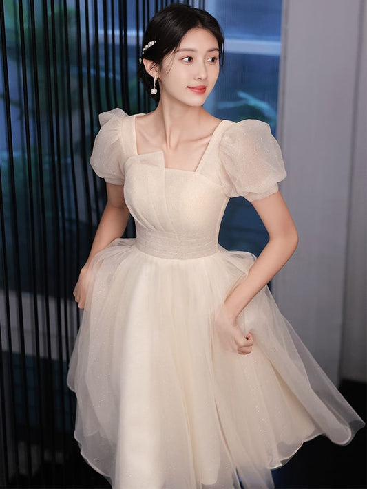 Puff Sleeve Square Neck Plain Glitter Ruched Mesh A-Line Cocktail Dress