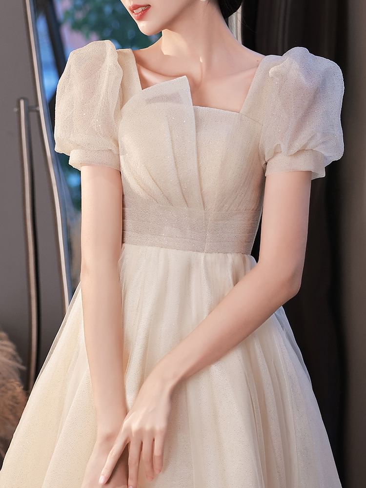 Puff Sleeve Square Neck Plain Glitter Ruched Mesh A-Line Cocktail Dress