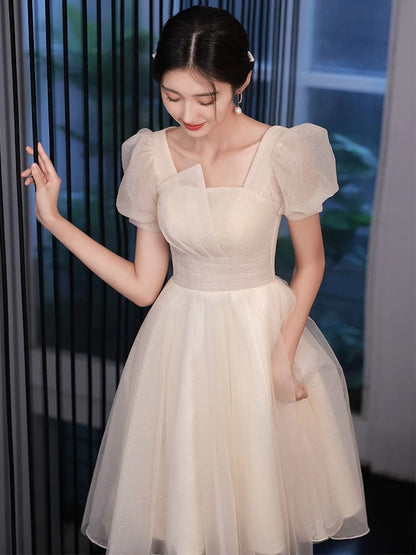 Puff Sleeve Square Neck Plain Glitter Ruched Mesh A-Line Cocktail Dress