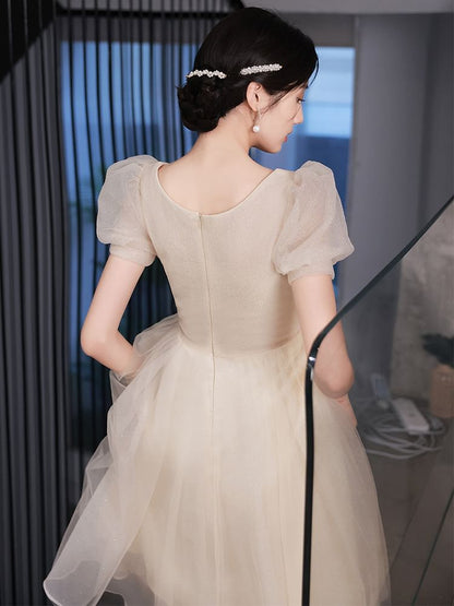 Puff Sleeve Square Neck Plain Glitter Ruched Mesh A-Line Cocktail Dress