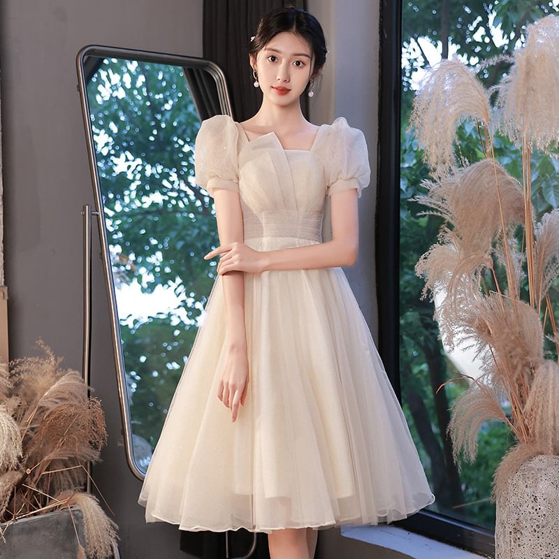 Puff Sleeve Square Neck Plain Glitter Ruched Mesh A-Line Cocktail Dress