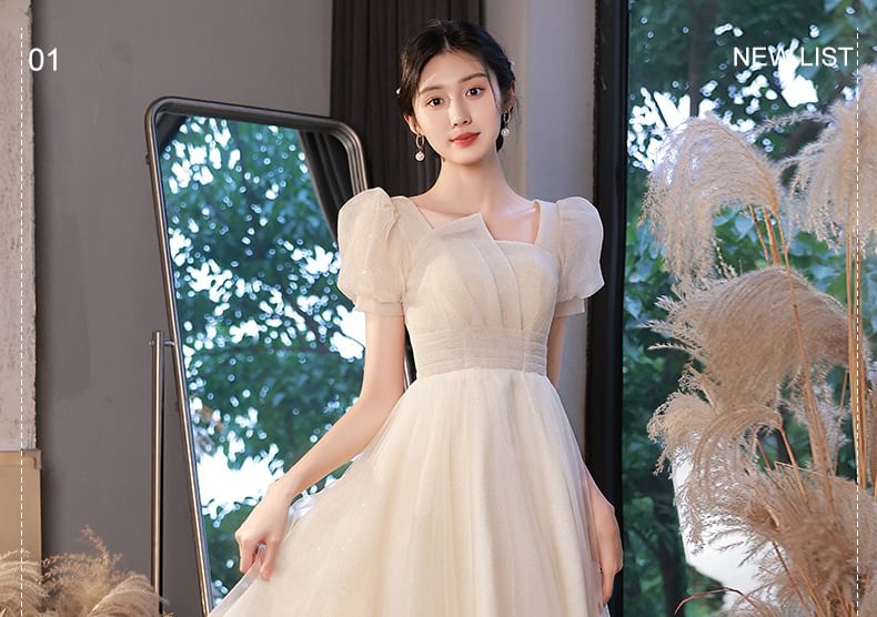 Puff Sleeve Square Neck Plain Glitter Ruched Mesh A-Line Cocktail Dress