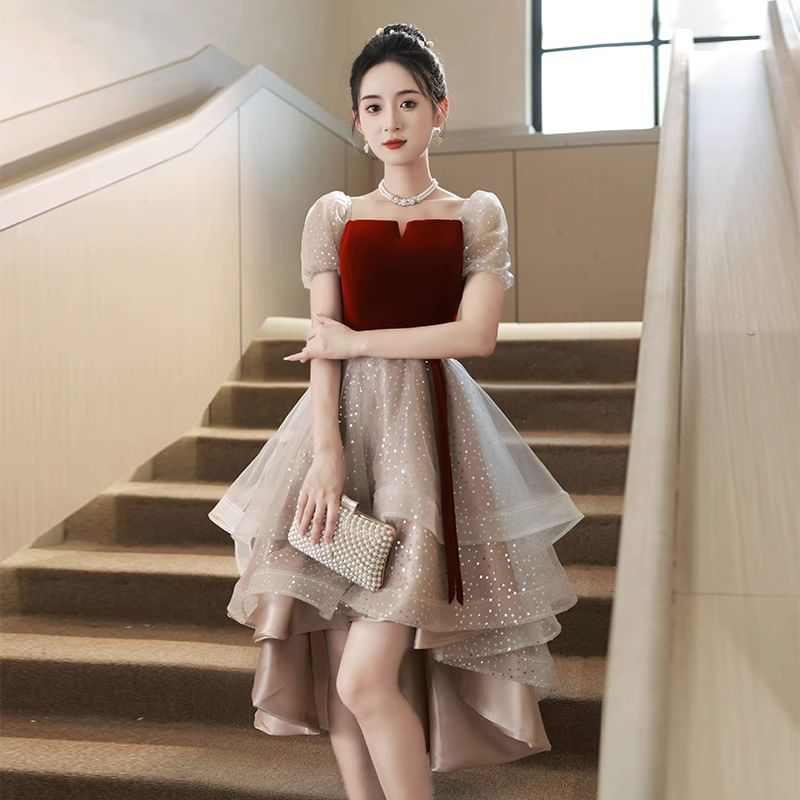 / Gown A-Line Panel Velvet Dress Cocktail Mesh Square Ruffle Short-Sleeve Evening Neck