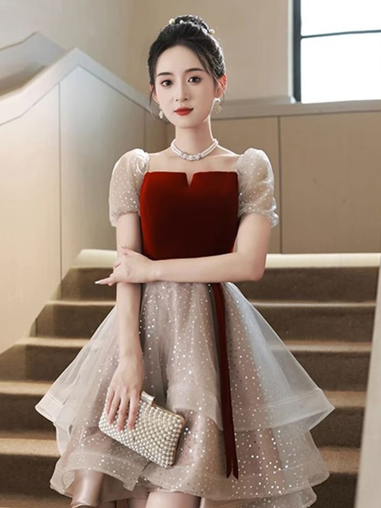 / Gown A-Line Panel Velvet Dress Cocktail Mesh Square Ruffle Short-Sleeve Evening Neck