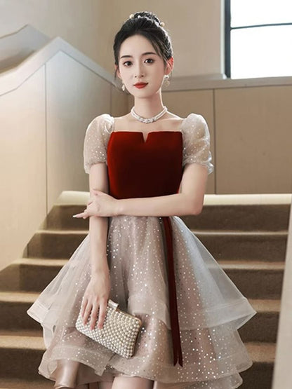 / Gown A-Line Panel Velvet Dress Cocktail Mesh Square Ruffle Short-Sleeve Evening Neck