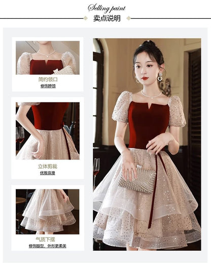 / Gown A-Line Panel Velvet Dress Cocktail Mesh Square Ruffle Short-Sleeve Evening Neck
