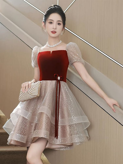 / Gown A-Line Panel Velvet Dress Cocktail Mesh Square Ruffle Short-Sleeve Evening Neck