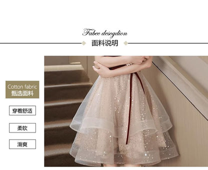 Short-Sleeve Square Neck Ruffle Velvet Panel Mesh A-Line Cocktail Dress / Evening Gown