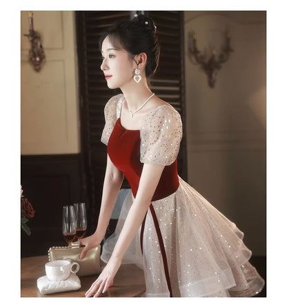 / Gown A-Line Panel Velvet Dress Cocktail Mesh Square Ruffle Short-Sleeve Evening Neck