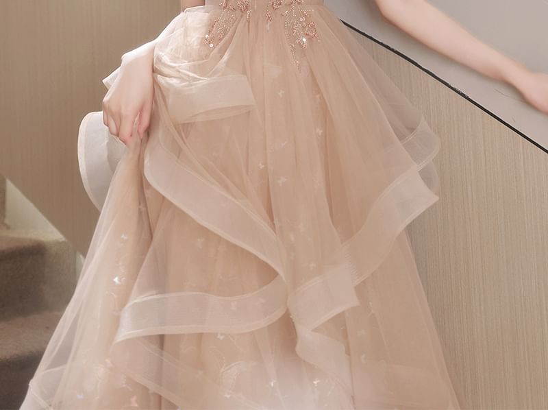 Mesh Gown Bow Sequin A-Line Collared Short-Sleeve Evening Ruffle