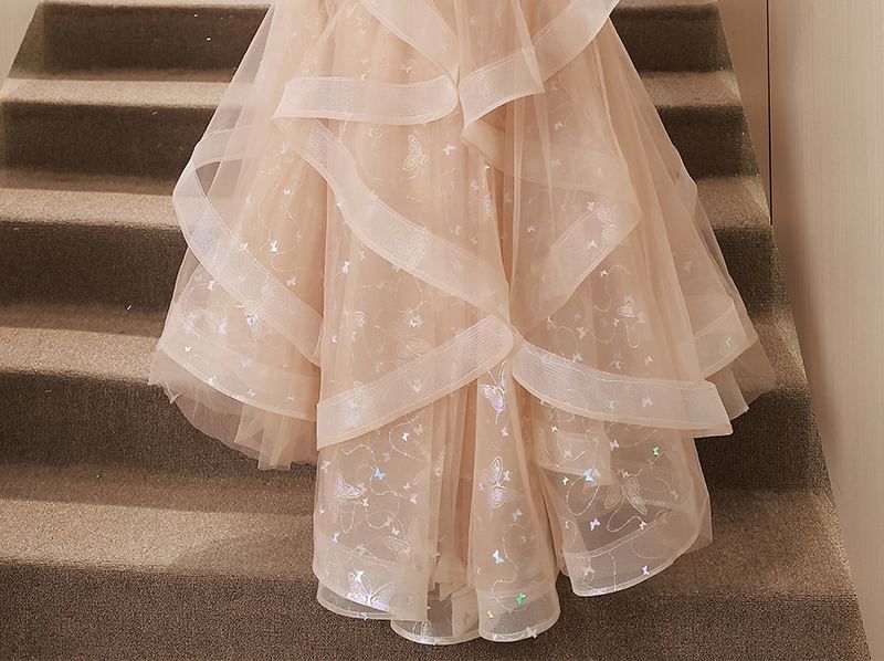 Mesh Gown Bow Sequin A-Line Collared Short-Sleeve Evening Ruffle