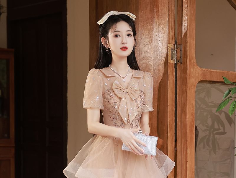 Mesh Gown Bow Sequin A-Line Collared Short-Sleeve Evening Ruffle