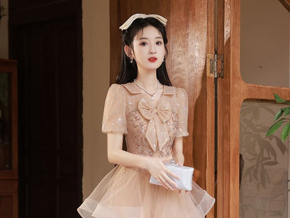 Mesh Gown Bow Sequin A-Line Collared Short-Sleeve Evening Ruffle