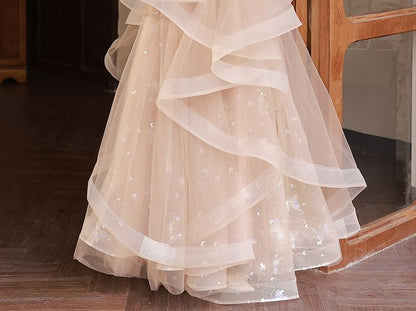 Mesh Gown Bow Sequin A-Line Collared Short-Sleeve Evening Ruffle